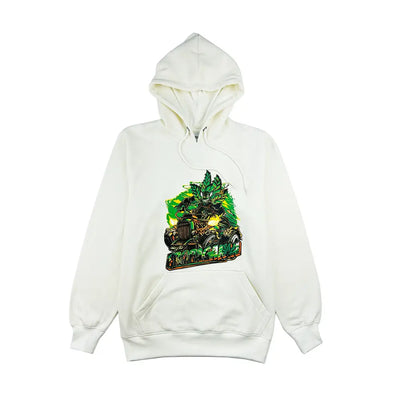 White propaganda hoodie with green and brown nature graphic design on front