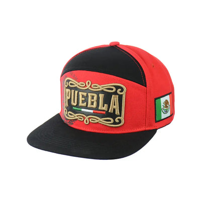 Red and black Puebla embroidered snapback hat shown in fashionable embroidered snapback hat product