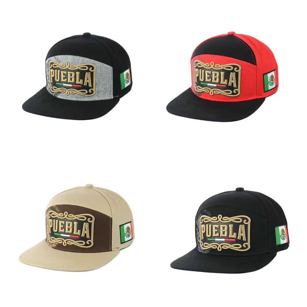Four Puebla-themed embroidered snapback hats showcasing Puebla embroidered design