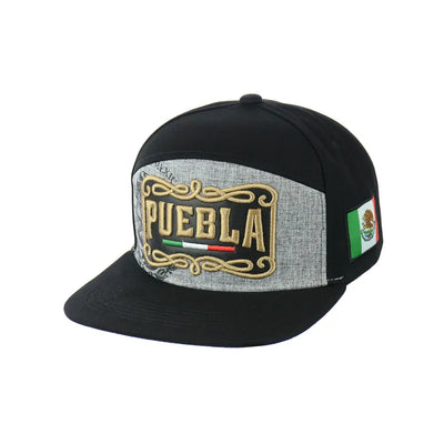 Black Puebla embroidered snapback hat with Puebla patch, stylish and functional accessory