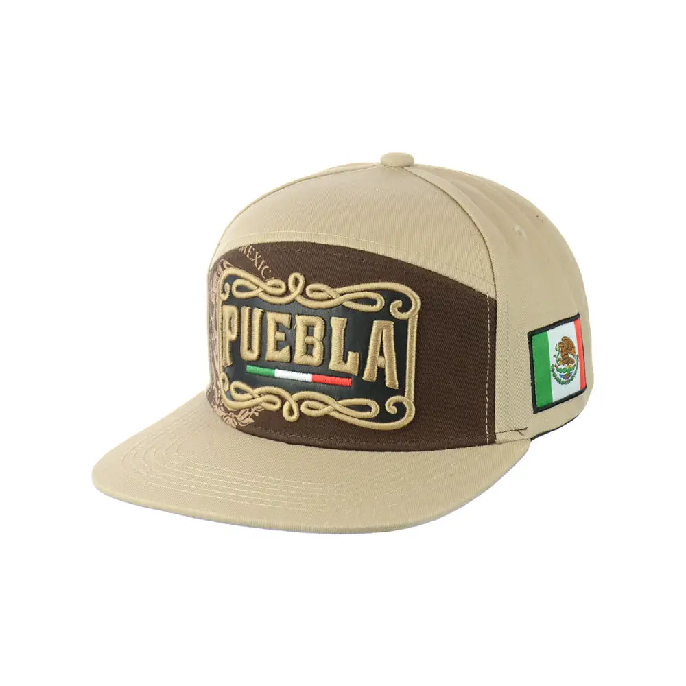 Tan Puebla embroidered snapback hat with Puebla patch, stylish and functional design