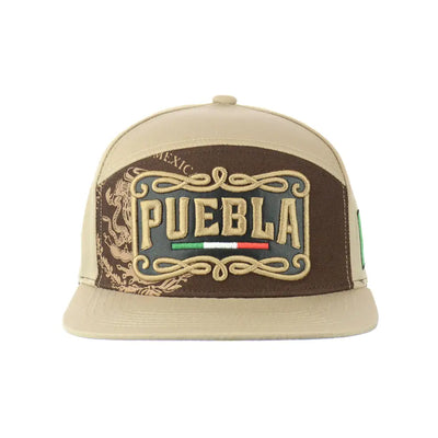 Tan Puebla embroidered snapback hat with Puebla design, fashionable and functional