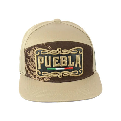 Tan Puebla embroidered snapback hat with Puebla emblem, stylish and functional headwear