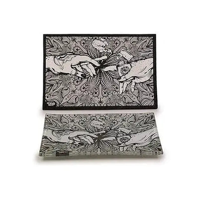 Puff puff pass matching glass tray with black and white floral patterns