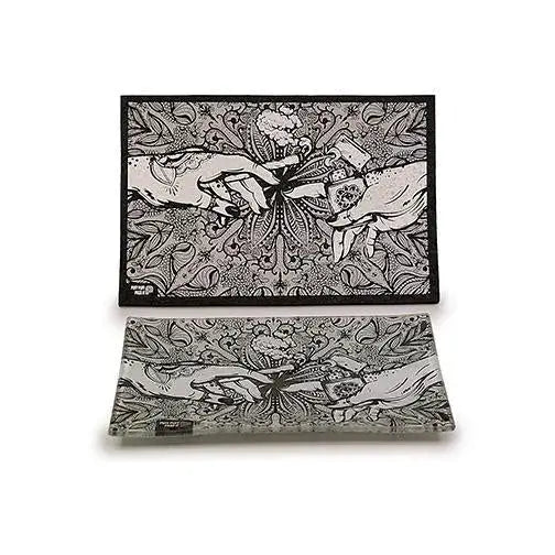 Puff puff pass matching glass tray with black and white floral patterns