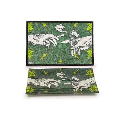 Puff puff pass matching glass tray with hands holding joint and pipe