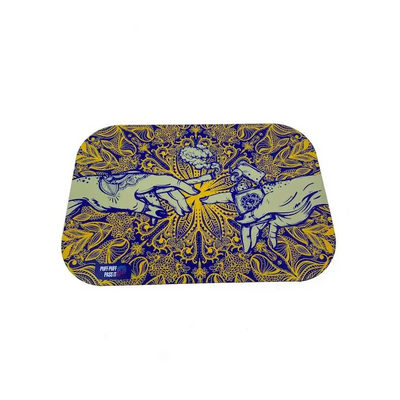 Puff puff pass metal rolling tray with blue yellow hands passing joint design