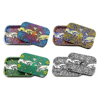 Puff puff pass metal rolling tray with 4 foldable artistic ashtrays