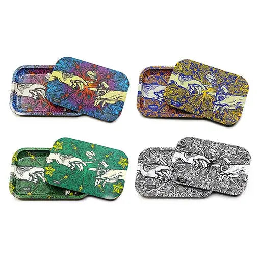 Puff puff pass metal rolling tray with 4 foldable artistic ashtrays