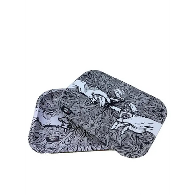 Puff Puff Pass metal rolling tray with gray black pattern and cannabis hands
