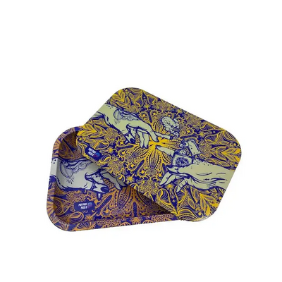 Puff puff pass metal rolling tray with blue gold hands flower design