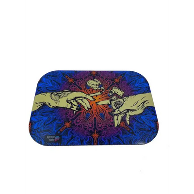 Puff Puff Pass metal rolling tray with psychedelic blue purple hands over flame