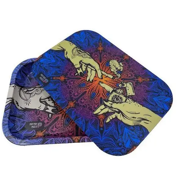 Puff puff pass metal rolling tray with vibrant blue purple psychedelic mandala hands lighter smoke