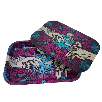 Puff puff pass metal rolling tray with purple blue floral joint hands