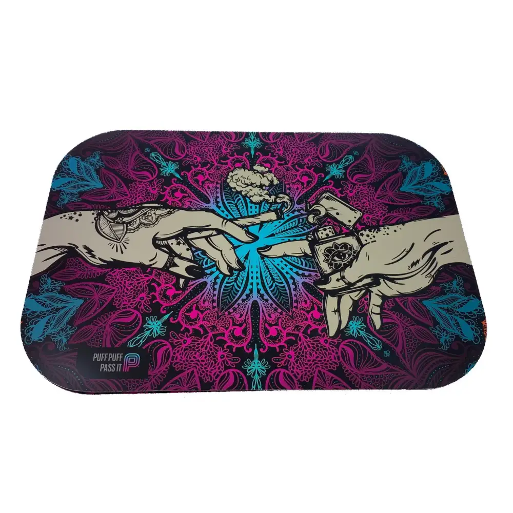 Puff puff pass metal rolling tray with purple teal psychedelic joint pass design