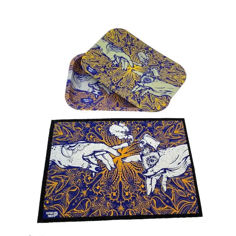 Puff puff pass moodmat with blue gold floral mat and hands passing joint