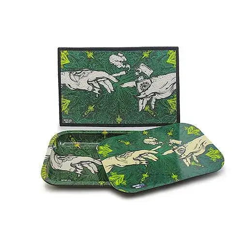 Puff puff pass green rectangular metal rolling tray with lid and cannabis leaves