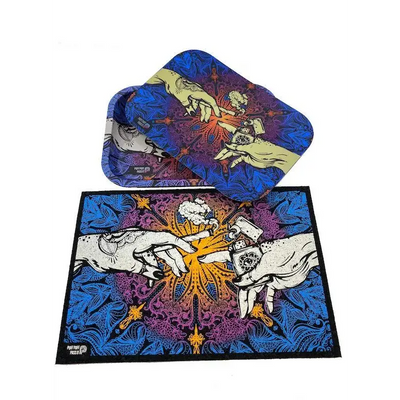 Puff puff pass moodmat tray with vibrant blue purple psychedelic flame design