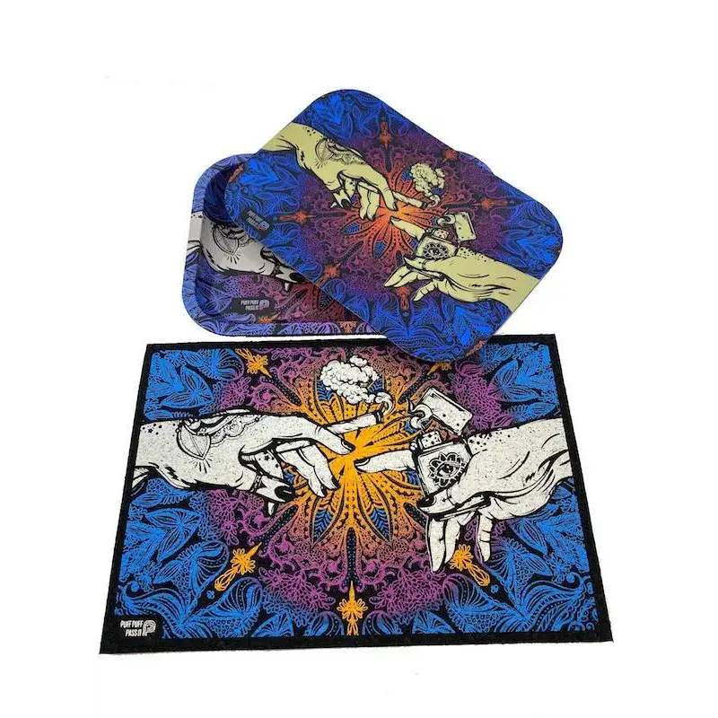 Puff puff pass moodmat tray with vibrant blue purple psychedelic flame design