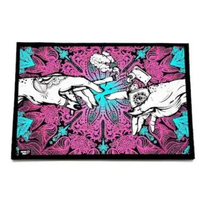 Vibrant Puff Puff Pass Moodmats tapestry with pink teal hands, cannabis bud and lighter
