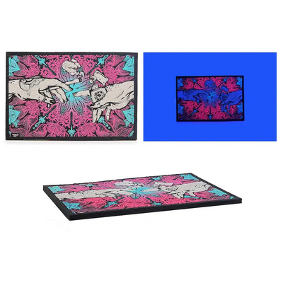 Vibrant pink teal Puff Puff Pass Moodmats creation art panel with hands motif