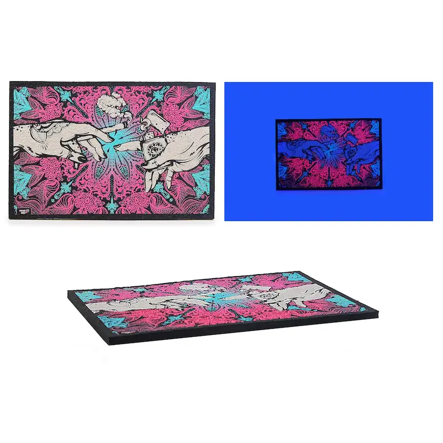 Vibrant pink teal Puff Puff Pass Moodmats creation art panel with hands motif