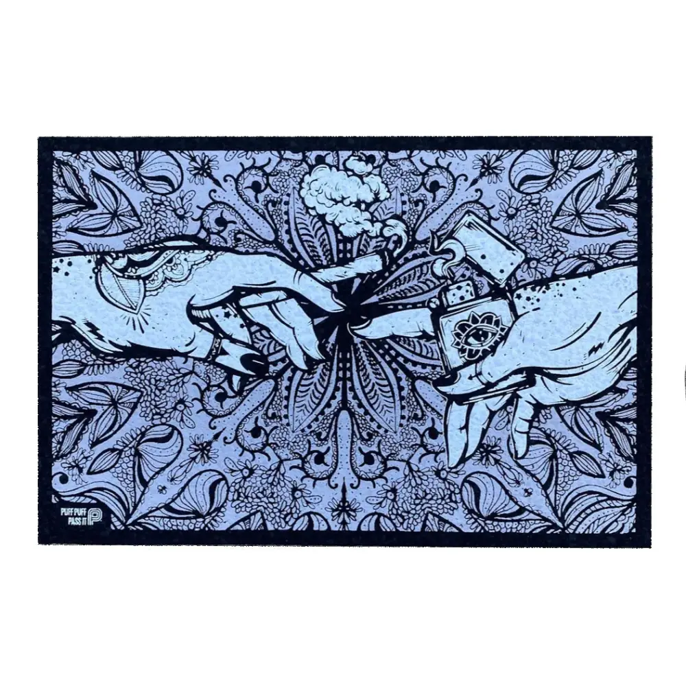 Puff puff pass UV gray moodmat with blue black hands lighter over flower