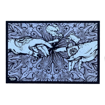 Puff puff pass UV gray moodmat with blue black hands lighter over flower