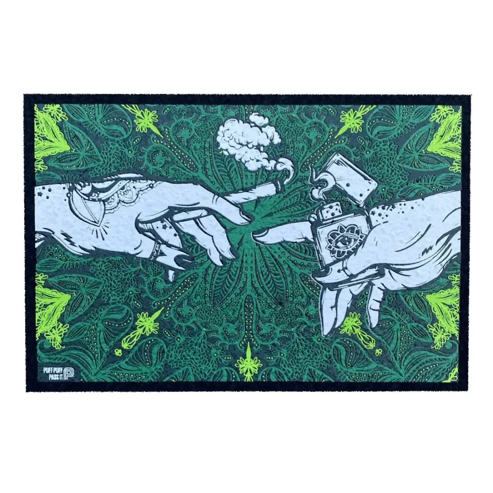 Puff puff pass UV moodmat with green neon yellow hands, cigarette and lighter