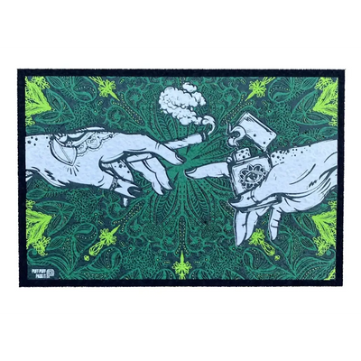 Puff puff pass UV moodmat with green neon yellow hands, cigarette and lighter