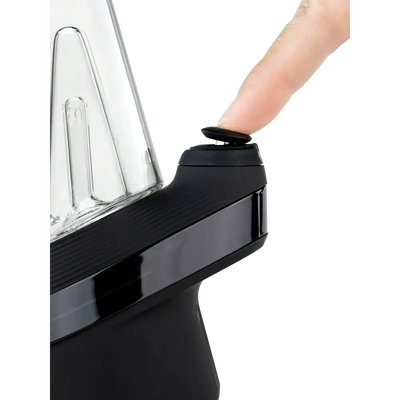 Black Puffco Peak Intelligent Vaporizer with glass attachment and button press