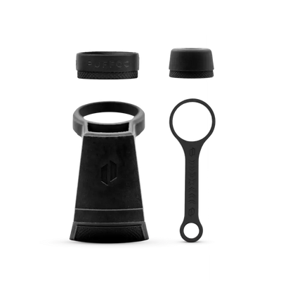 Puffco Peak travel pack with black matte vape, grip, cap, keyring tool