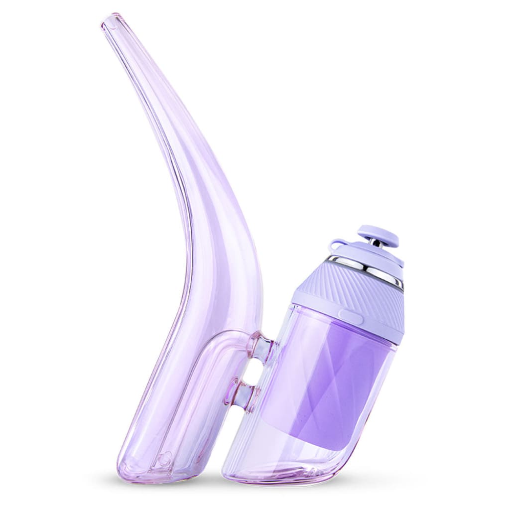 Limited Edition Bloom Proxy Bubbler: Curved, translucent purple device with spray nozzle