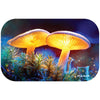 Two glowing yellow mushrooms with luminous gills on a Pulsar Magnetic Tray, Mystical Mushroom Design