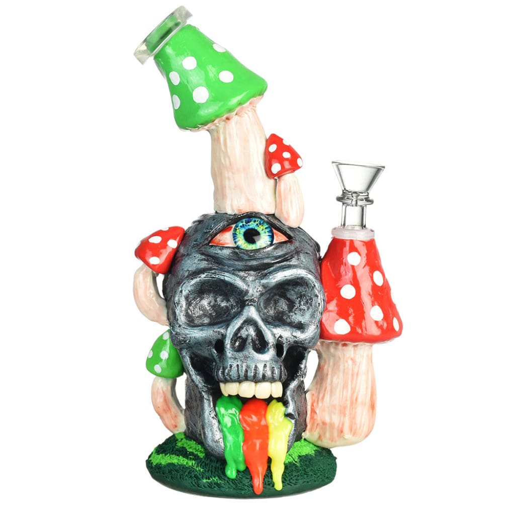 Rainbow puking skull water pipe bong with green eye and mushrooms