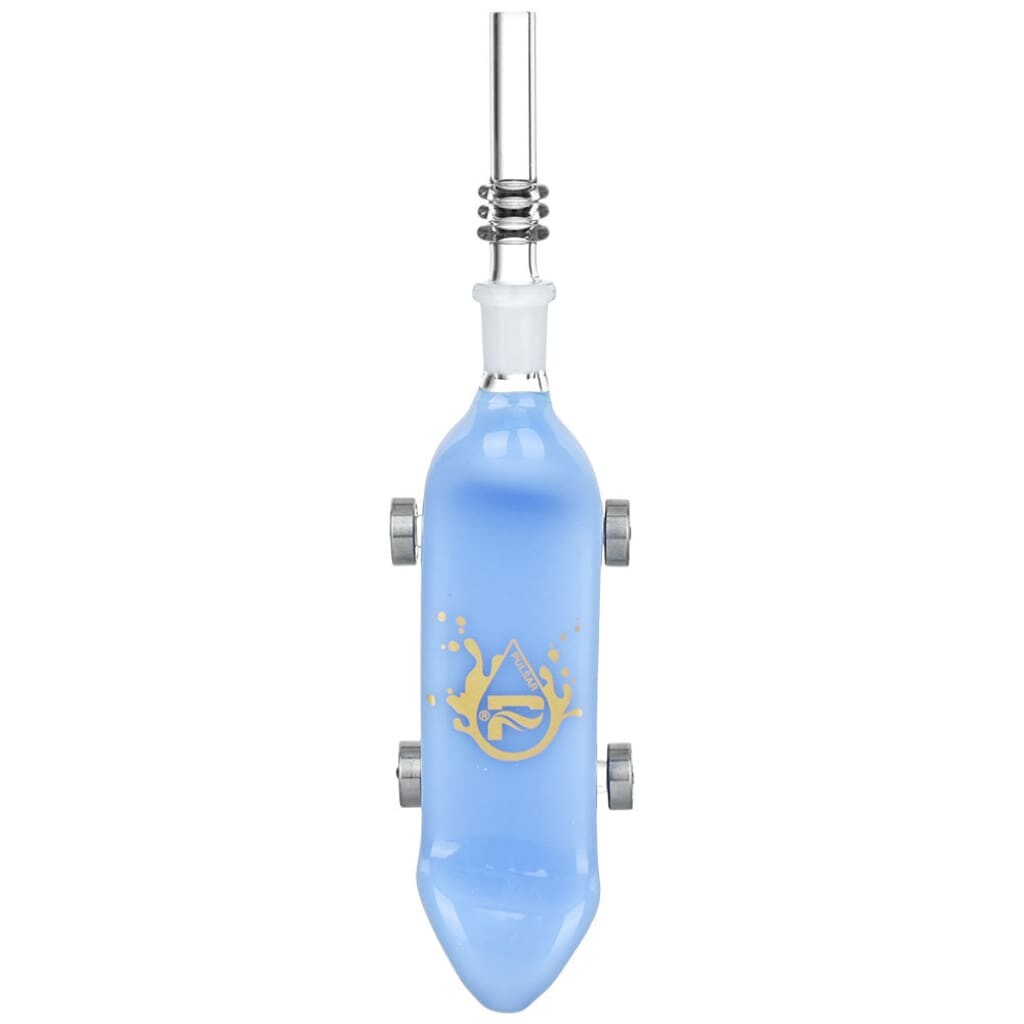 Light Blue Glass Bottle Pulsar Rolling Skateboard Dab Straw With Gold Logo, Metal Attachments