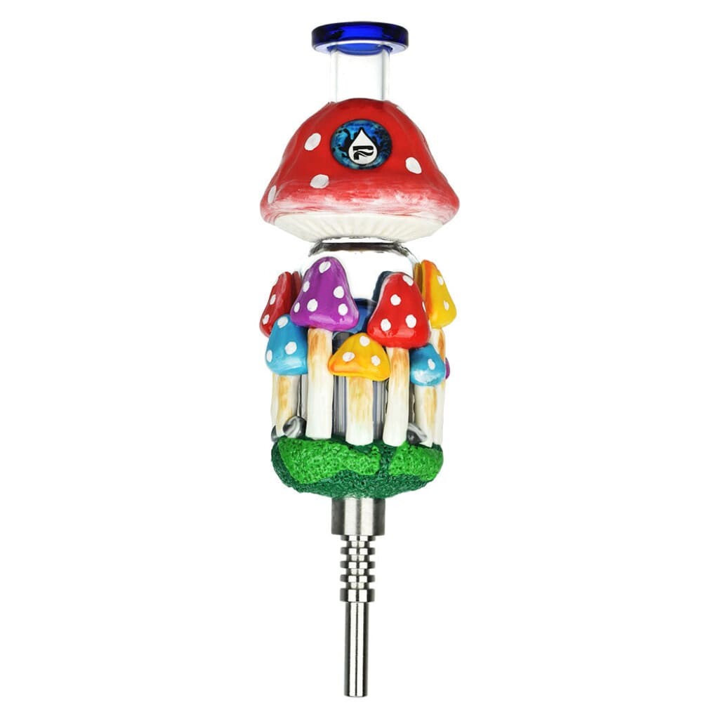 Pulsar Shroom Forest glass vapor vessel with colorful mushroom-shaped water pipe design