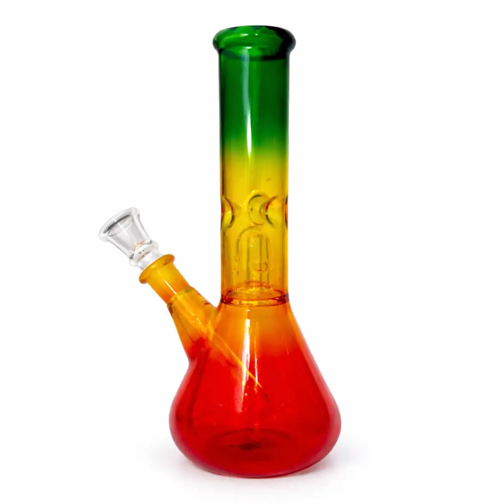 Rasta Beaker glass water pipe with vibrant gradient and etched design