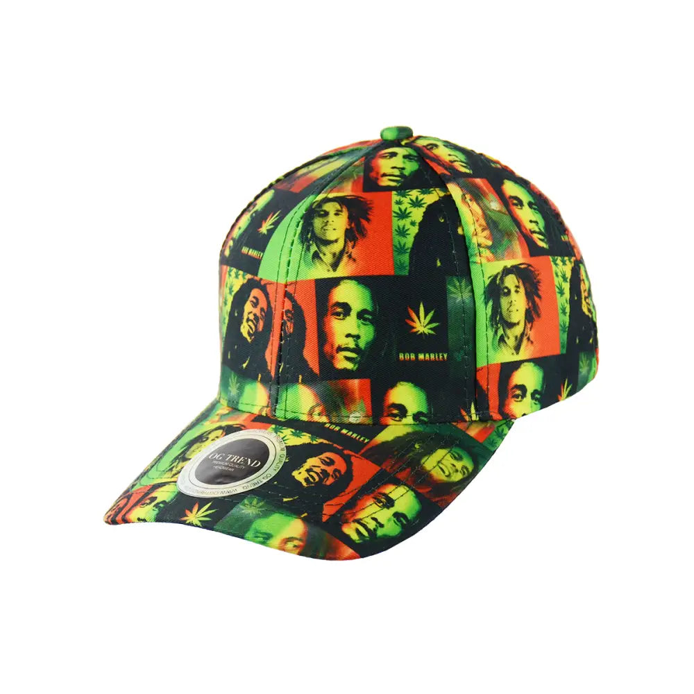 Rasta Color Print Baseball Hat featuring reggae imagery and marijuana leaf designs