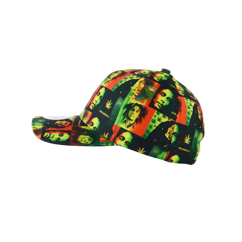 Rasta Color Print Baseball Hat featuring vibrant reggae faces and marijuana leaf designs