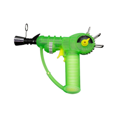 Bright green toy ray gun with yellow accents from ’Glow In The Dark Real Life Ray Gun Torch’