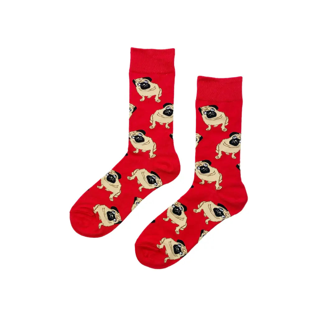 Red Frenchie Socks with pug pattern, offering a comfortable, durable fit for all sizes