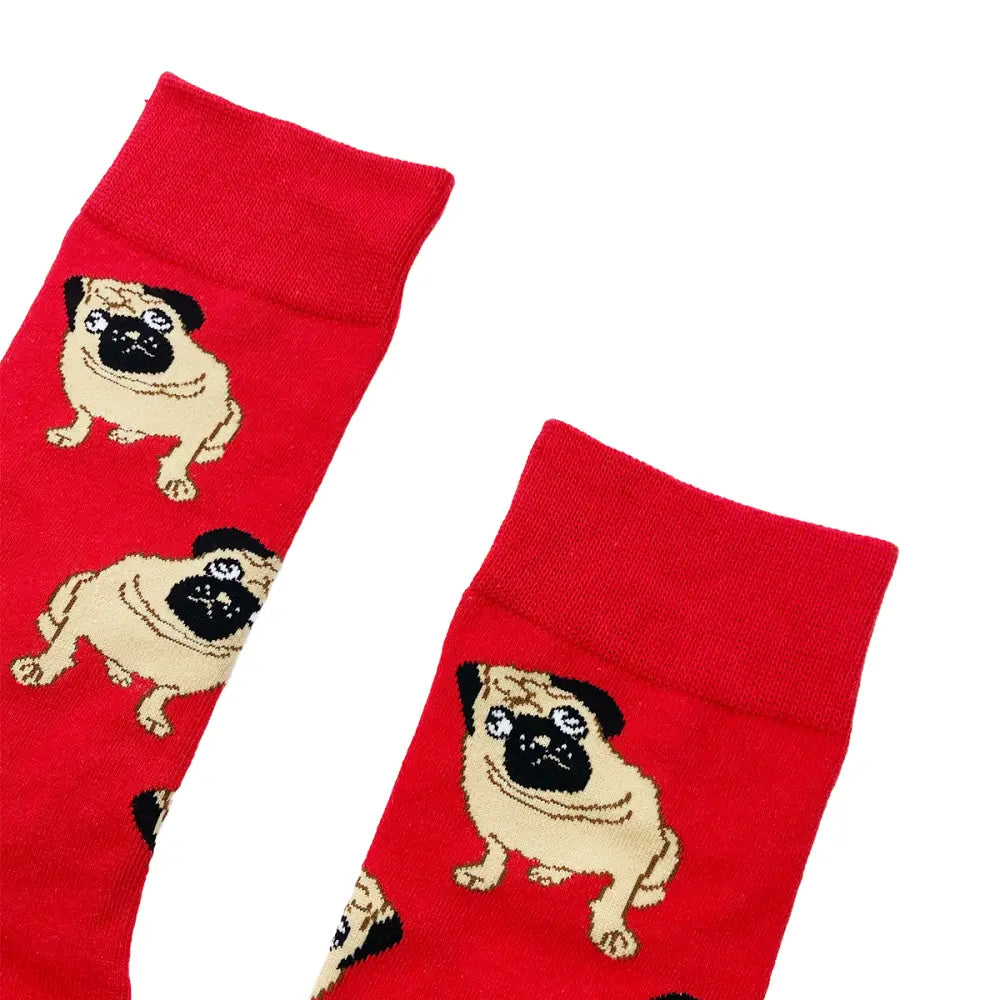 Red Frenchie Socks featuring a cute pug pattern, comfortable and fits all sizes