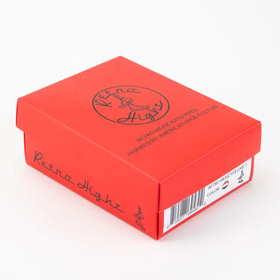Bright red Retro Highz glass hand pipe box with black branding