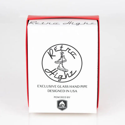 Red and white box from Retro Highz V2 Black, a stylish glass hand pipe accessory