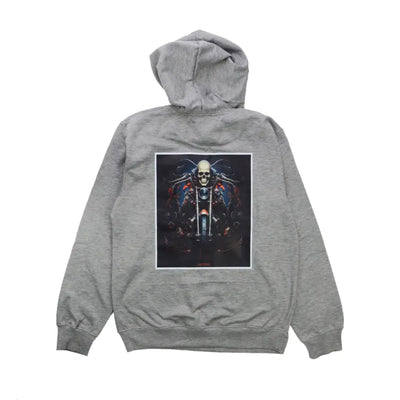 Gray rider’s hoodie featuring skull and motorcycle design for stylish rides