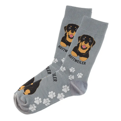 Gray Rottweiler-themed socks featuring a unique fun design for dog lovers and unisex wear