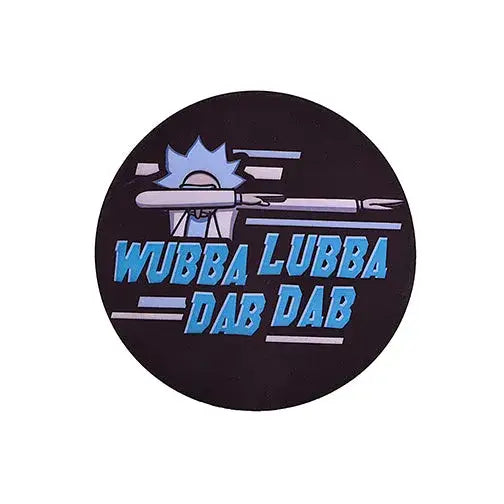 Round silicone dab mat with blue Wubba Lubba Dub Dub Rick Sanchez logo