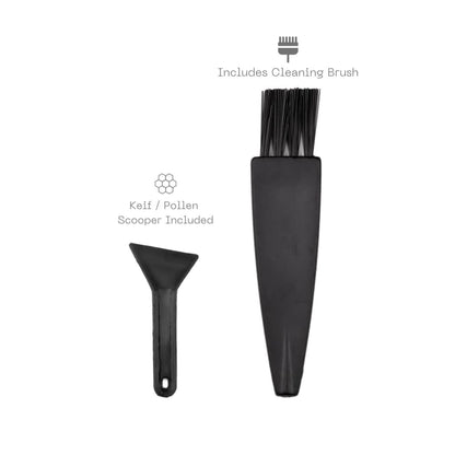 Black cleaning brush and keef scooper for Lion Rolling Circus aluminum grinder with hemp wraps