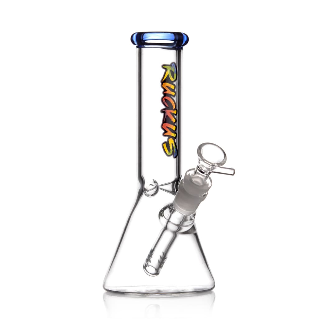 Ruckus Glass Baby Beaker Bong with 6-Slit Diffused Downstem and colorful Ruckus logo